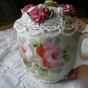 HANDPAINTED TEACUP PINCUSHION, Repurposed Teacup,Vintage Porcelain RoseTeacup Pincushion,Green Chenille & Mauve Roses Spotta Tea Pincushion