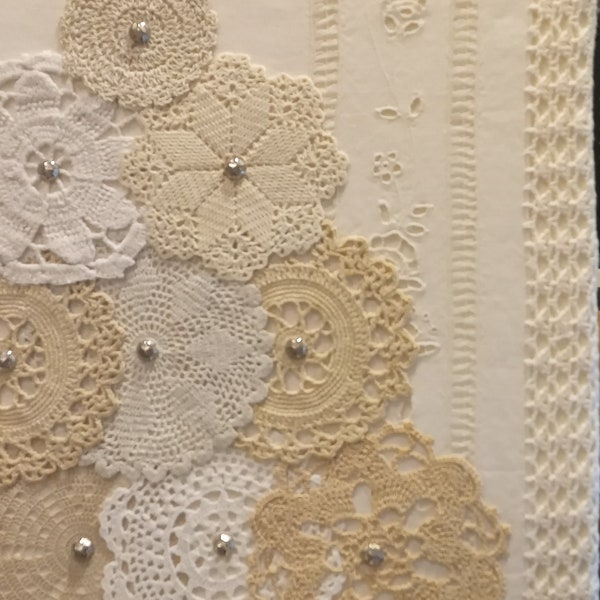 DOILY CHRISTMAS TREE  w/ Embroidered Lace Valance,Bespoke Doily Tree Collage,Antique Nail Head Tacks,White Cream Taupe ,HolidayWallART