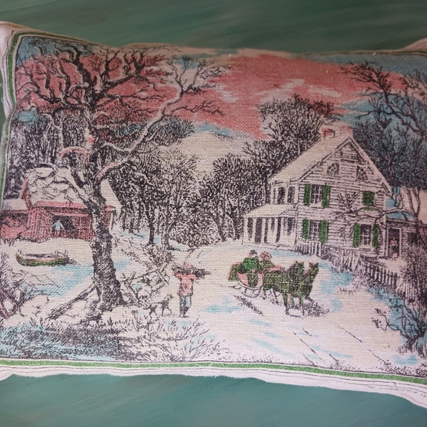 CALENDAR TEATOWEL WINTER Pillow  Repurposed 1969 Currier & Ives Calendar Towel,Horse + Sleigh Snowy Country Scene,Calendar on back