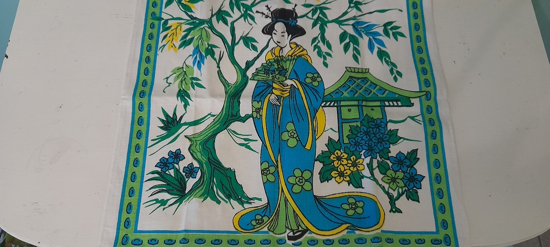 GEISHA in GARDEN TOWEL Vint Linen Tea Towel,kitchen Towel,english Linen
