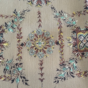 NEW BARKCLOTH YARDAGE  4yds uncut,Old Stock Fabric,36&quot; Wide Geometric Floral Barkcloth,Mid Cent Fabric,Beige Brown Turquoise Yellow Black