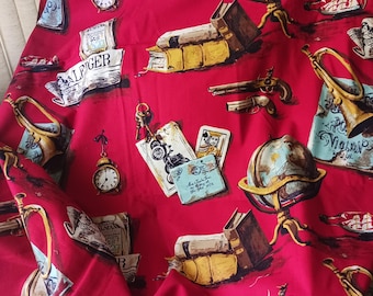 NOVELTY OLD WORLD Fabric by Copyright Indian Head Inc,Red Globe Books Pocket Watch Cards Flintlock Pistil themed cloth,Suitable for Applique