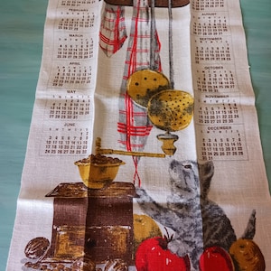 1979 KITTY CALENDAR DISHTOWEL  Vintage Linen Towel,Kitty Pulling on Apron,Coffee Grinder,Veggies,Hanging Ladles,Unused Vint Towel,Linens