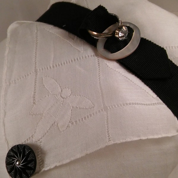 Tuxedo Hankie RING PILLOW w/ Antique Ribbon,MOP Buckle,Vintage Buttons,Weddings, Bridal Accessories