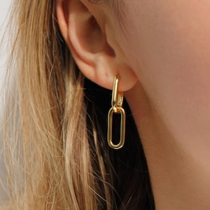 NEMY - Hoop Earrings Dipped in 14K Gold ∙ Chunky Earrings ∙ Rectangle Chain Dangle Earrings ∙ Geometric Hoops ∙ Paperclip Creoles