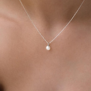 JUNE - Silver Pearl Drop Necklace | Pearl Dangle Chain | Tiny Box Chain | Wedding Pearl Layering