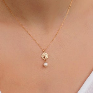 14k Gold Filled Sea Shell Pearl Drop Necklace ∙ Sand Dollar Charms ∙ Wedding Gift for Her ∙ Minimalist Gold Necklace ∙ Waterproof