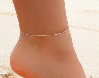 925 Sterling Silver Ankle Bracelets | Figaro Chain Anklet | Beach jewelry | Adjustable Chain for ankle | Custom Length
