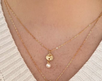 14k Gold Filled Sea Shell Pearl Drop Necklace ∙ Sand Dollar Charms ∙ Wedding Gift for Her ∙ Minimalist Gold Necklace ∙ Waterproof
