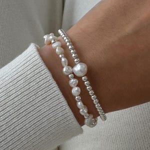 Elegant 925 Sterling Silver Beaded Bracelet with Natural Freshwater Baroque Pearls ∙ Stretch Bracelet for Women ∙ Bracelet White Pearl Set