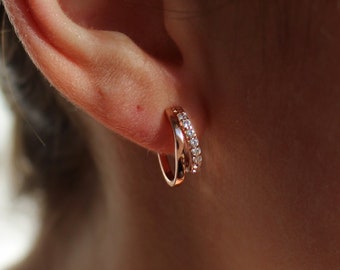 18k Gold Vermeil Waterproof Earrings ∙ Pave Gold Huggie Hoops ∙ Diamond Earrings ∙ Gift for her ∙ Dainty Hoops ∙ Layering