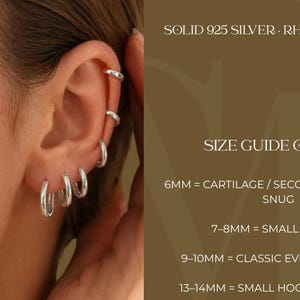 May include: Solid 925 silver rhodium plated hoop earrings worn in multiple ear piercings. Text on the right provides a size guide: 6mm for cartilage, 7-8mm for small huggie, 9-10mm for lobe, 13-14mm for small hoop, and 20 gauge thickness.