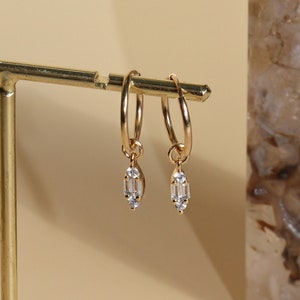 MARQUISE Dainty 14K Gold Filled Baguette Huggies Tiny Charm Drop Earrings Infinite Hoop Gold Charm Prom Gift image 1