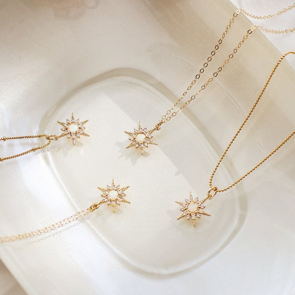 14K Gold gefüllte himmlische Sternkette | Beständig | 14, 16, 18, 20 Zoll | Geschenk für Frau | Sonnenopal-Halskette