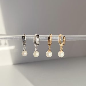 JUNE - Silver Pearl Drop Huggies Earrings | Pearl Dangle Earring | Wedding Pearl Layering Earrings  | Ocean Inspired Jewelry