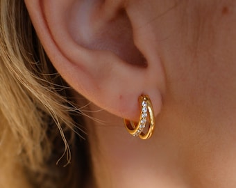 18k Gold Vermeil Waterproof Earrings ∙ Pave Gold Huggie Hoops ∙ Diamond Earrings ∙ Gift for her ∙ Dainty Hoops ∙ Layering
