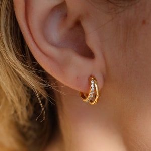 18k Gold Vermeil Earrings ∙ Double Hoops Diamond Paved ∙ Gift for her ∙ Gold Earrings ∙ Hypoallergenic Earrings