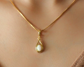 White opal pendant and 14Kt Gold Filled necklace | Oval teardrop bezel opal | Necklace for women | Birthstone Gift