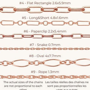 May include: Nine different styles of 14k rose gold filled chains, each with a different link shape and size. The chains are shown against a white background. The actual sizes of the chains are not proportional to each other.