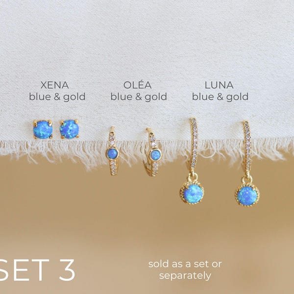Opal Earrings Set in 925 Sterling Silver · Trio Hoops and Studs Earrings · Opal Dangling Hoops Gold Hoop Earrings · Gift for her · Opalite