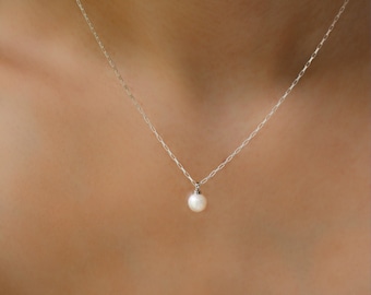 JUNE - Silver Pearl Drop Necklace | Pearl Dangle Chain | Tiny Box Chain | Wedding Pearl Layering