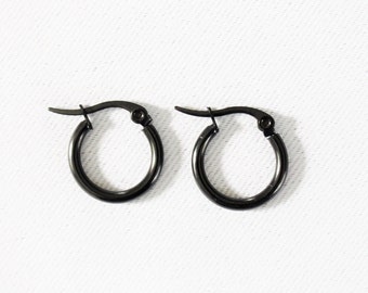 FORCE · Boucles d'oreilles noires en acier inoxydable · 10 ou 15mm · Anneaux créoles · Bijou rond max créoles cercle · Cadeau