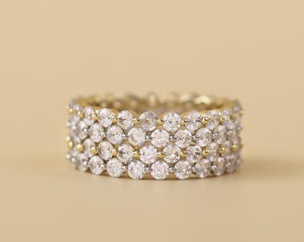 925 Full Eternity Diamond Band Ring  · Round Brilliant Cut · Anniversary Engagement Thick Gold Ring · Classic Stackable Ring · Comfort Fit