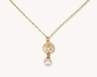 14k Gold Filled Sea Shell Pearl Drop Necklace ∙ Sand Dollar Charms ∙ Wedding Gift for Her ∙ Minimalist Gold Necklace ∙ Waterproof