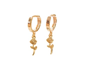 ROSE - Double Dipped Gold Rose Pendant Earrings | Gold Drop Huggies Earrings | Flower Charm