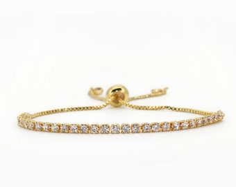 14K Gold Tennis Bracelet ∙ CZ Diamond Sparkling Bracelet ∙ Adjustable Box Chain ∙ Jewelry Box Chain ∙ Bridesmaids Gift