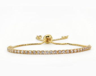 14K Gold Tennis Bracelet ∙ CZ Diamond Sparkling Bracelet ∙ Adjustable Box Chain ∙ Jewelry Box Chain ∙ Valentines Gift