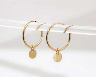 INSTINCT - 14 Karat Gold Filled Earrings · Huggies Coin gold hoop · 17mm · Minimalist 14k Gold simple earrings · 1 pair · Hypoallergenic