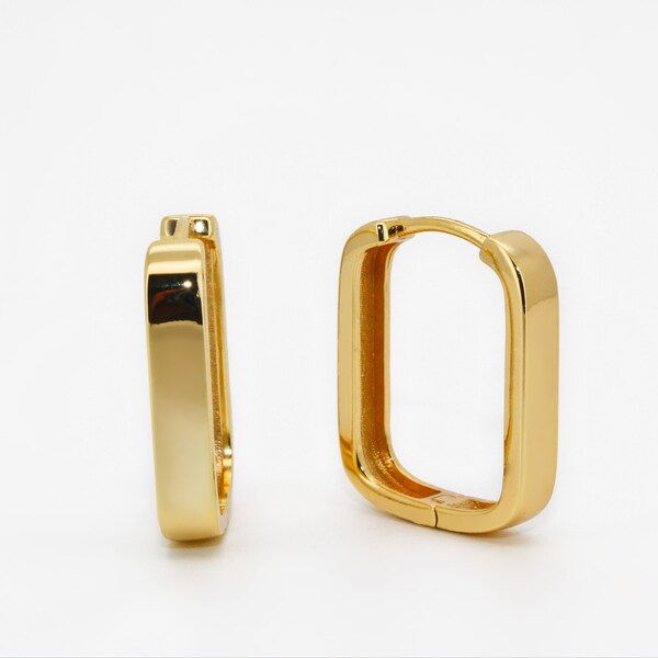 Boucles d'oreilles Or Vermeil 18k Waterproof ∙ Hypoallergene ∙ Créoles rectangulaire∙ Anneaux ovales