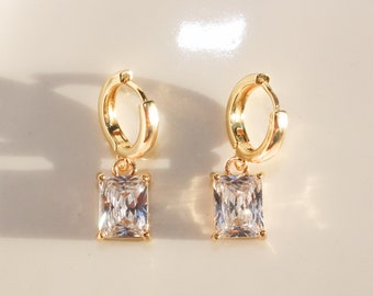 EMMA - Sparkling Drop Earrings In 24K Gold ∙ Huggies With Cubic Zirconia Rectangle ∙ Birthday Wedding Party