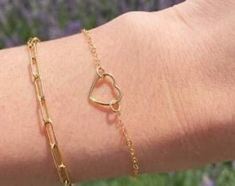 Cute Wire Heart Bracelet in 14k Gold Filled ∙ Valentine's Heart Jewelry ∙ Bridesmaid Gift ∙ Gold Layering Adjustable Bracelet ∙ Waterproof