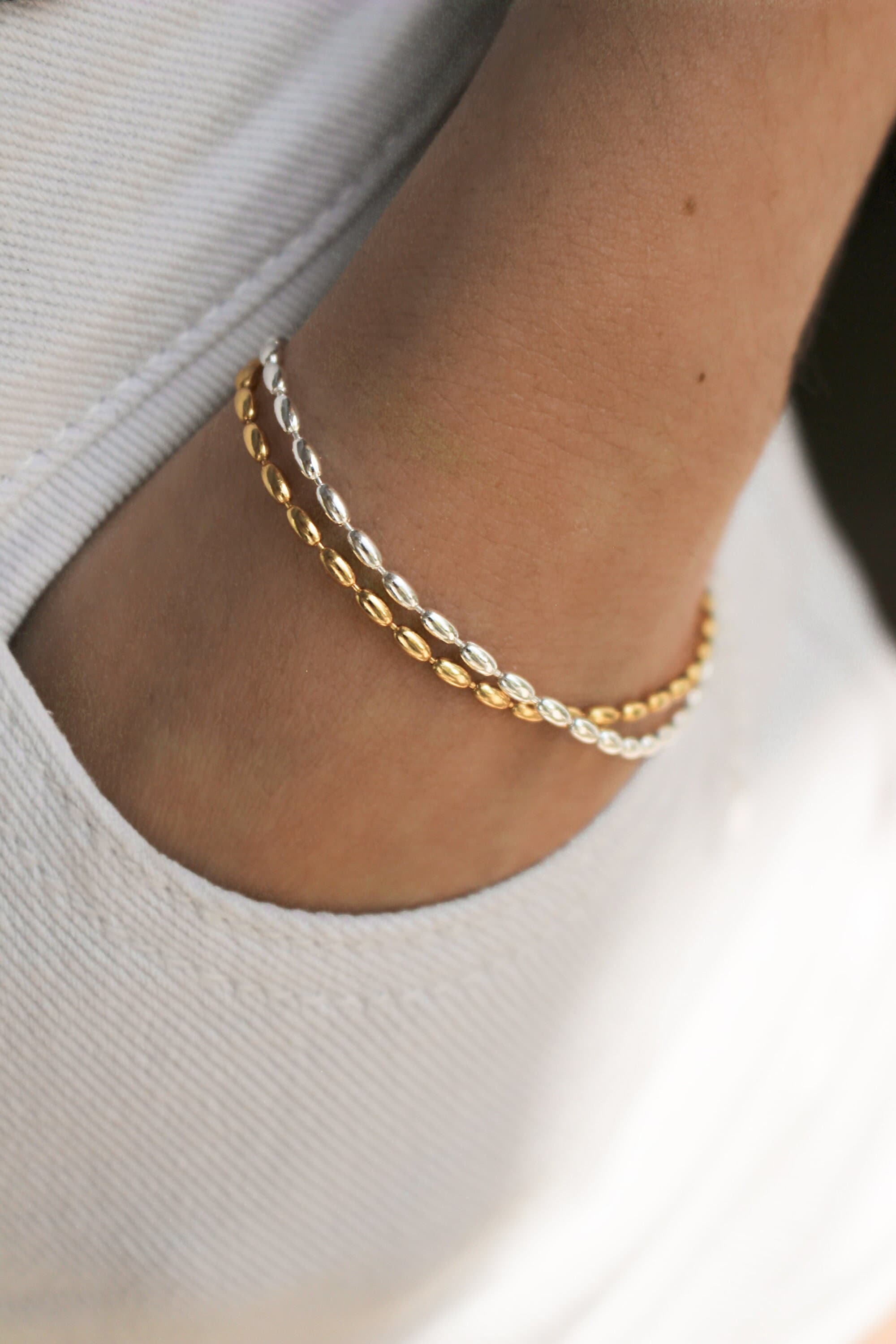 BEADIRI · Rice Beaded 925 Sterling Silver Bracelet · Bead Gold Bracelet 100% 925 Sterling Silver · Dainty adjustable chain bracelet