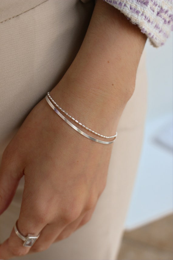 Dual Lay Bead Herringbone Bracelet Silver Green Dual Lay Bead Herringbone Bracelet Silver Green