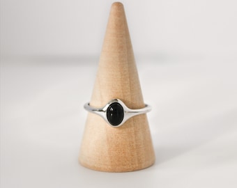 ONY - Bague authentique en argent sterling S925 ∙ Agate Noire ∙ Bague réglable ∙ Pierre noir oval ∙ Bague de superposition ∙ 100% argent