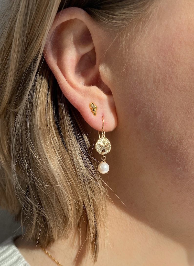 Gold Filled Shell Pearls Earrings ∙ Sand Dollar Charms ∙ Wedding Jewelry ∙ Dangle Earrings ∙ Starfish Seashell Earrings Waterproof image 1