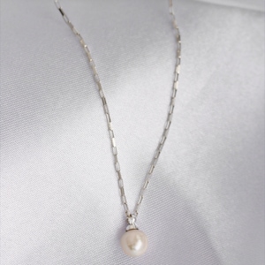 JUNE Silver Pearl Drop Necklace Pearl Dangle Chain Tiny Box Chain Wedding Pearl Layering image 7