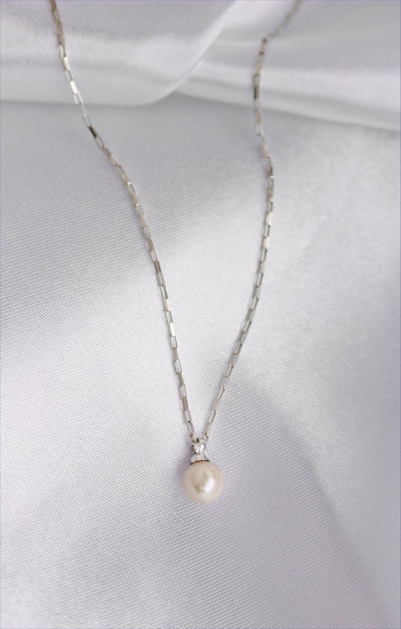 JUNE Silver Pearl Drop Necklace Pearl Dangle Chain Tiny Box Chain Wedding Pearl Layering image 7