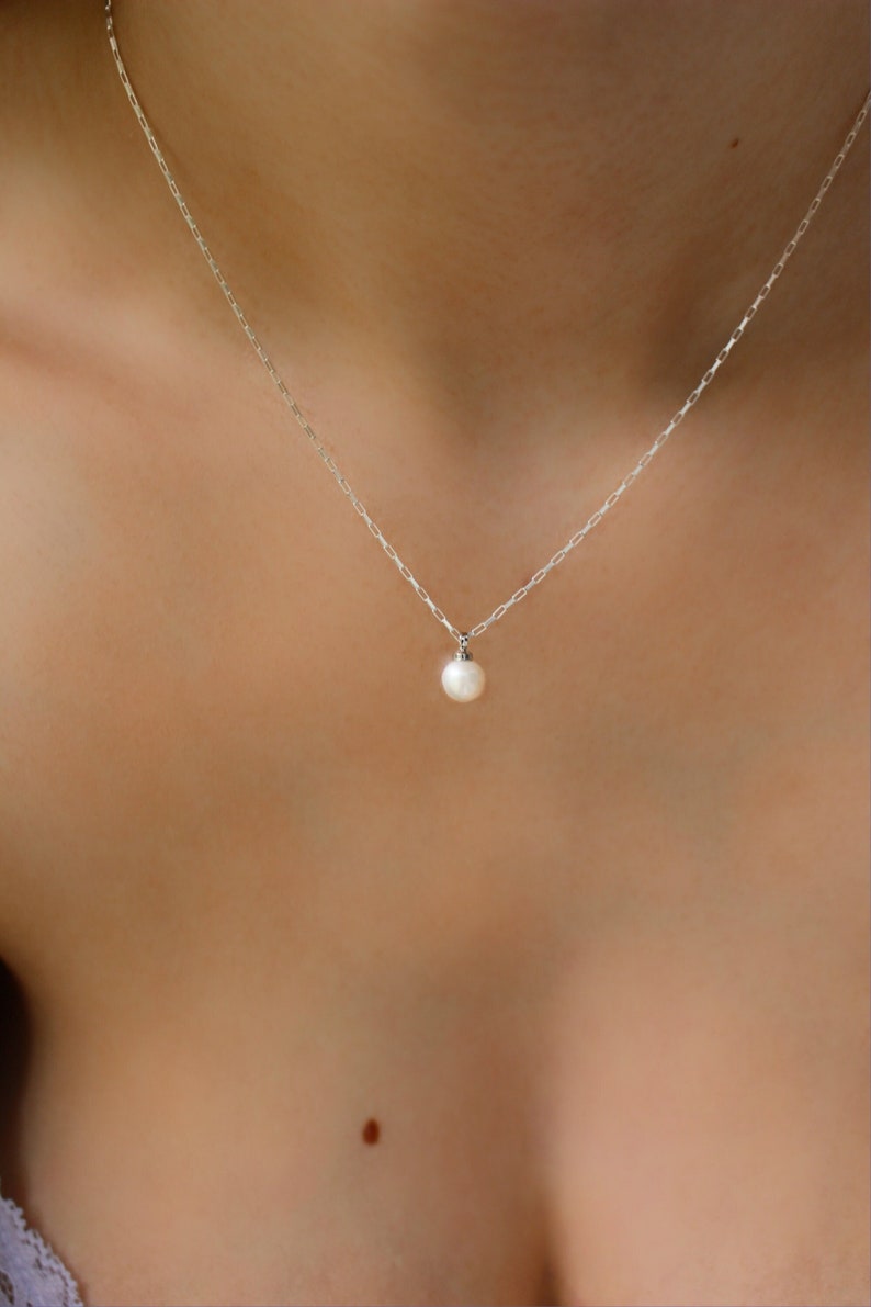 JUNE Silver Pearl Drop Necklace Pearl Dangle Chain Tiny Box Chain Wedding Pearl Layering image 1