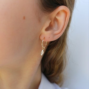 MARQUISE Dainty 14K Gold Filled Baguette Huggies Tiny Charm Drop Earrings Infinite Hoop Gold Charm Prom Gift image 5