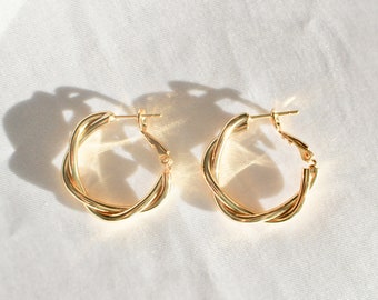 QUEENLY - Twisted Earrings Dipped in 14K Gold · Brioche Gold Hoop · Creoles · Huggies Gift For Women · Durable Lightweight ·  1 pair