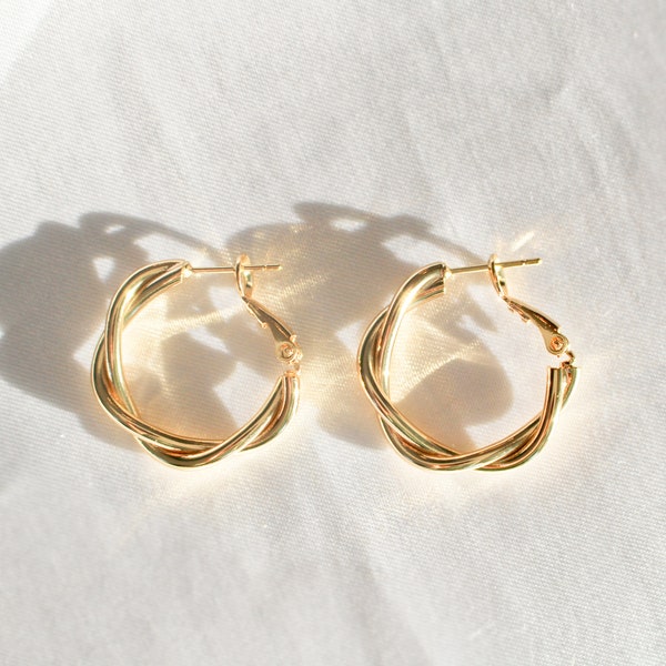 QUEENLY - Twisted Earrings Dipped in 14K Gold · Brioche Gold Hoop · Creoles · Huggies Gift For Women · Durable Lightweight ·  1 pair