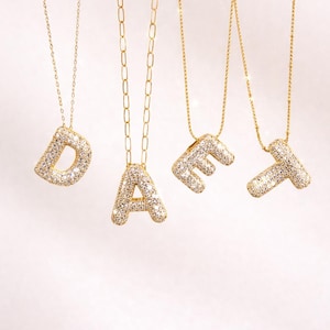 Bubble Letter Necklace with 14K Gold Filled Chain · Chubby Balloon Initial · Chunky Charm Pendant · Pave Letters · Gift for her · Besties
