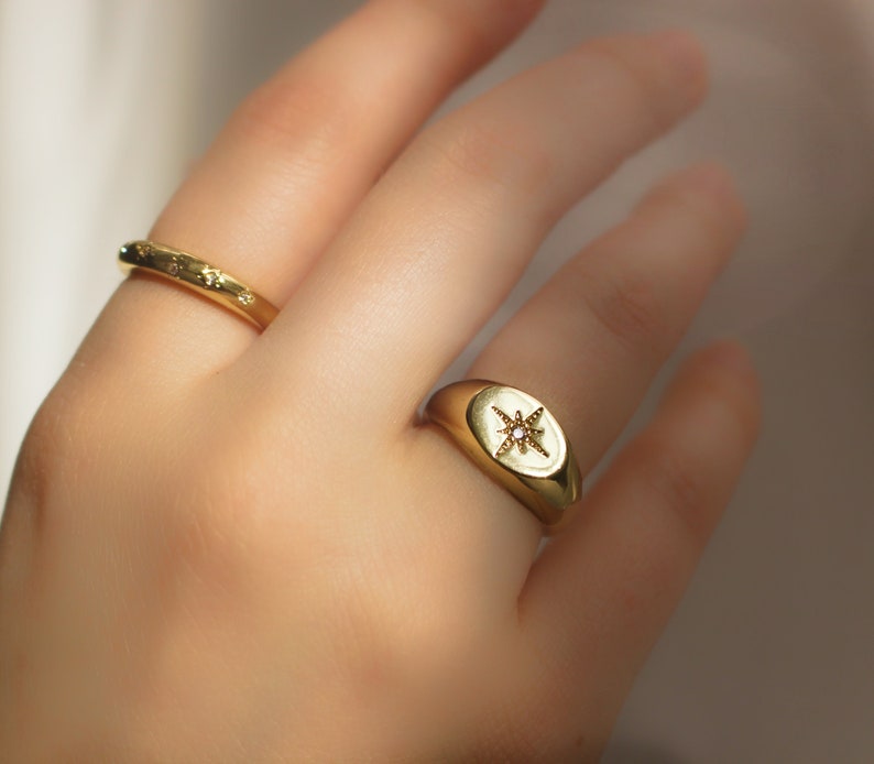 North Star Gold Ring One size 7.5 Jewelry Stackable Ring Constellation Star Signet Ring Bridesmaid gift image 2