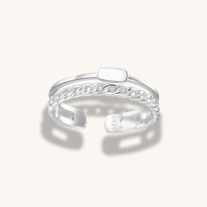 18K, 925 Sterling Silver Double Layer Rings Adjustable Chain Ring Water Resistant Double Layer ring Silver