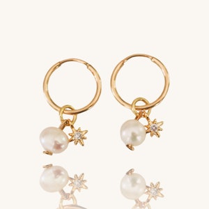 ELISA 14 Karat Gold Filled Pearl Earrings Huggie gold hoop Star pendant earrings Minimalist Gold earrings Hypoallergenic image 7