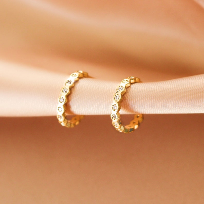 BEA Hoop earrings Geometric CZ huggies 15mm Little gold hoop for women CZ Bezel Gift Anniversary image 3